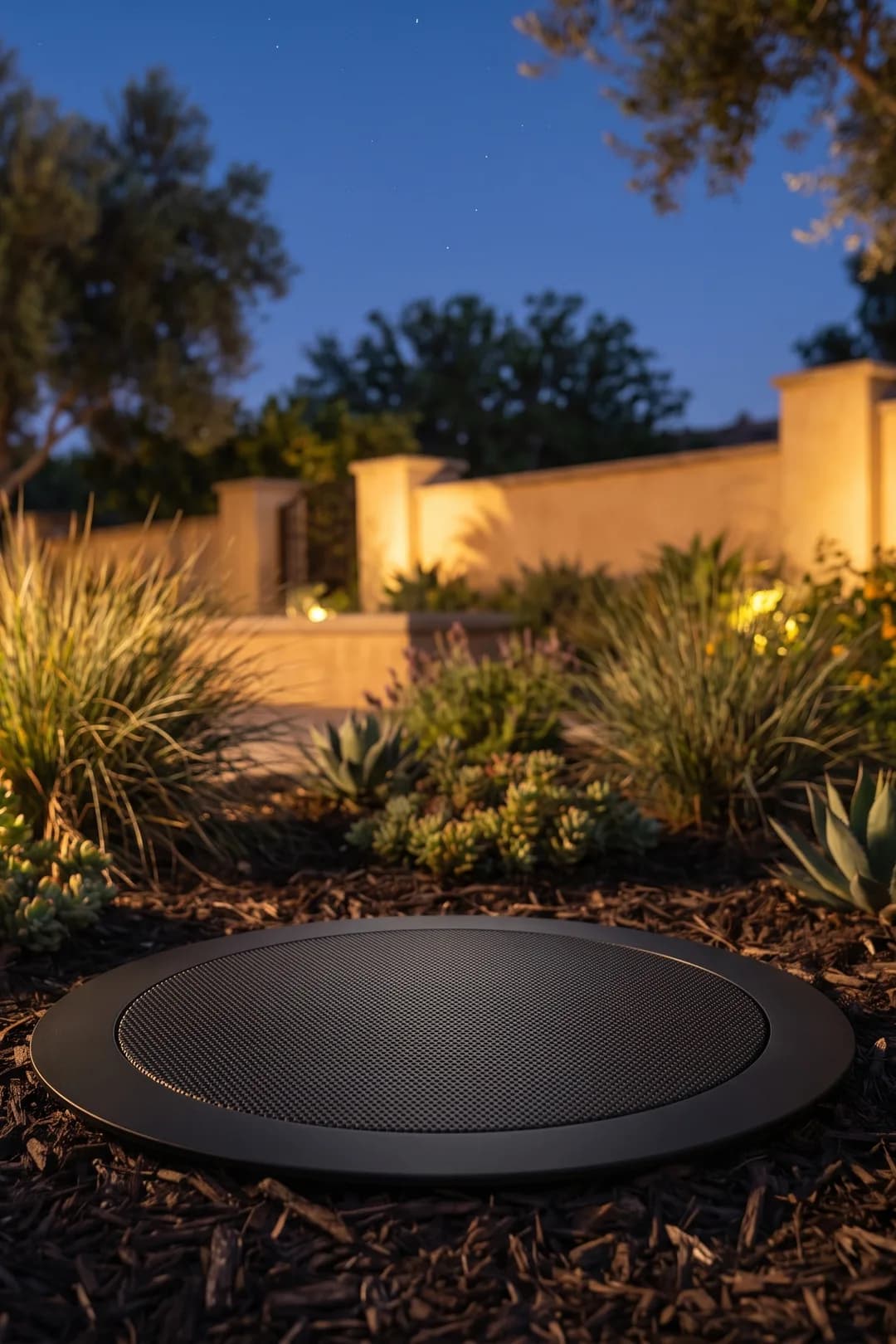 Discreet landscape speaker set among garden plantings at dusk