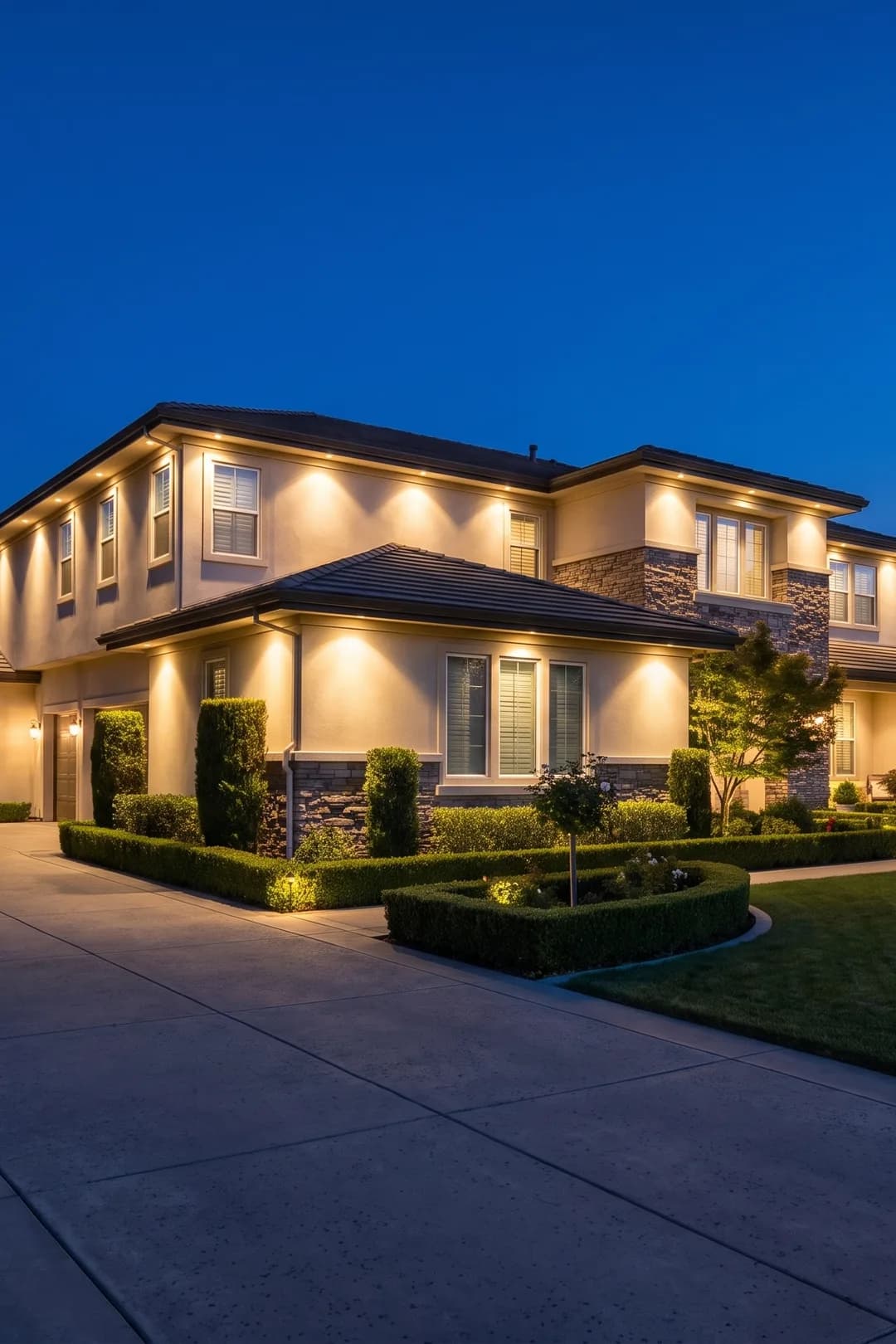 Custom home washed in warm architectural lighting at dusk
