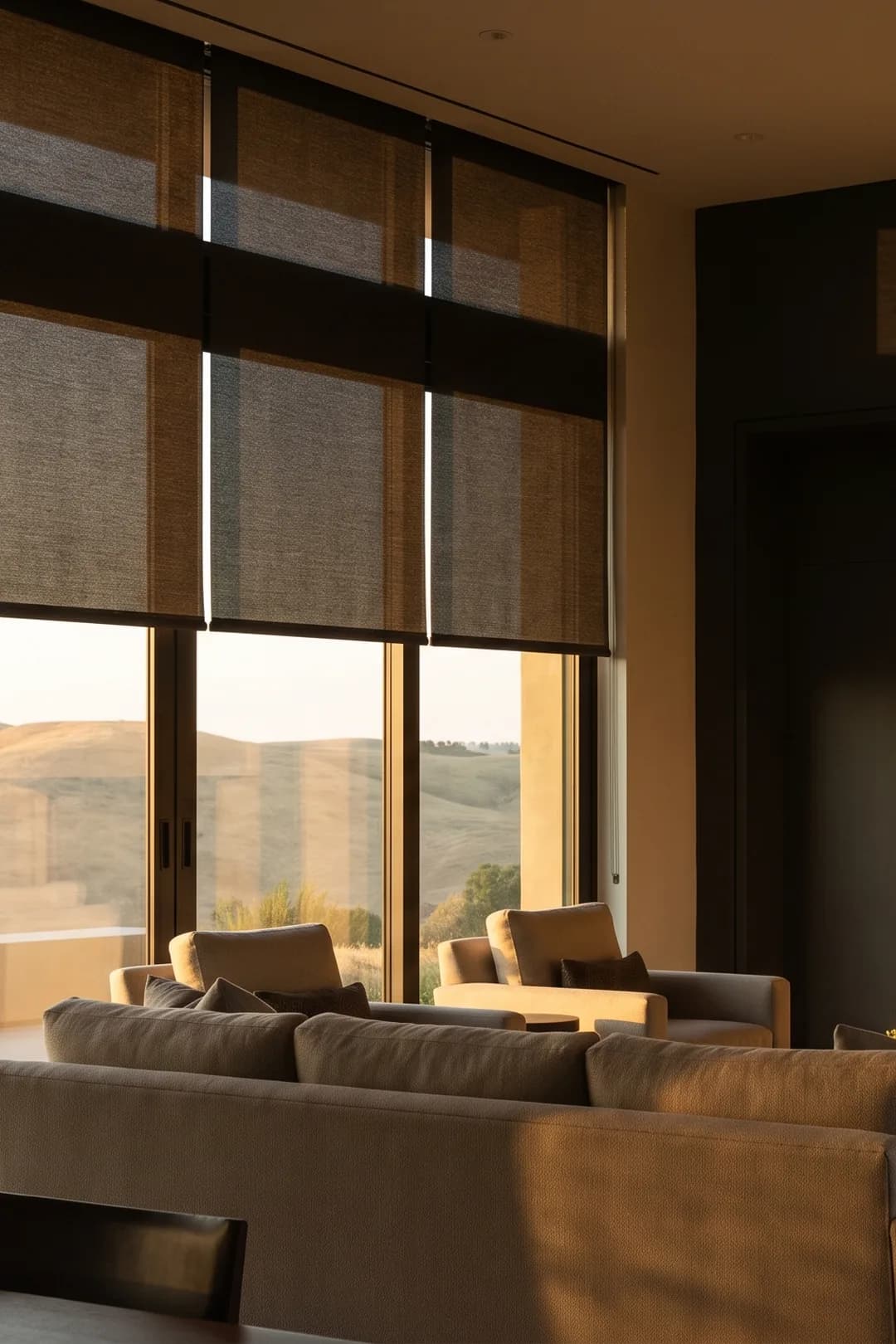 Great room with motorized shades lowered in unison at golden hour