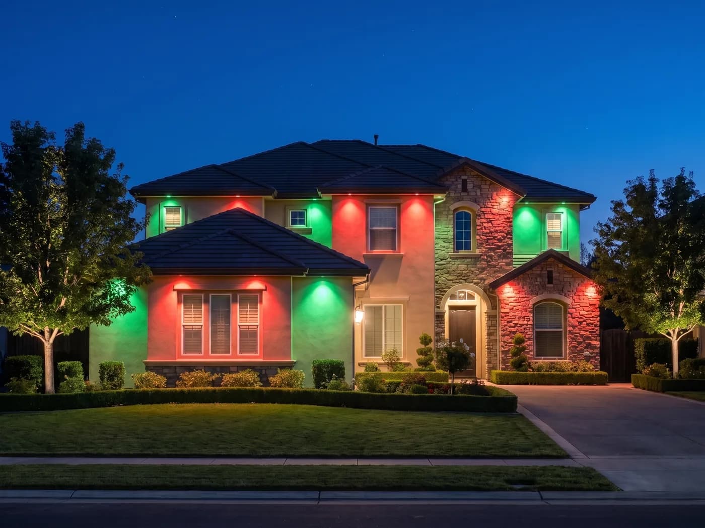 Home lit in the Holiday Red & Green scene