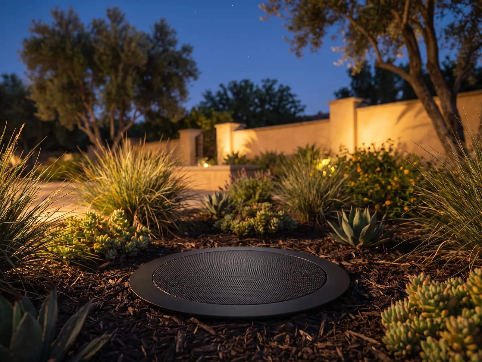 Discreet landscape speaker set among garden plantings at dusk