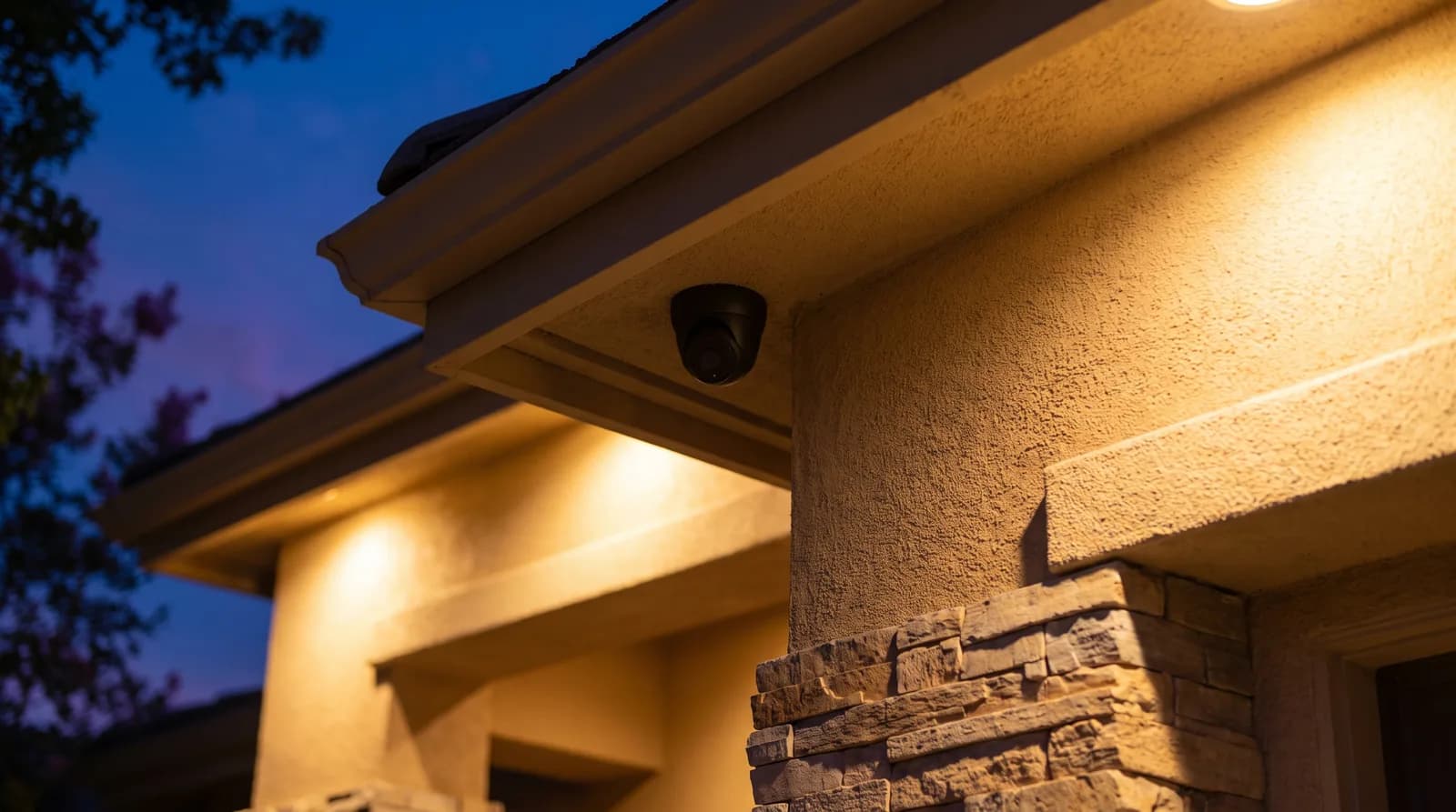 Discreet security camera tucked under a stucco eave at dusk