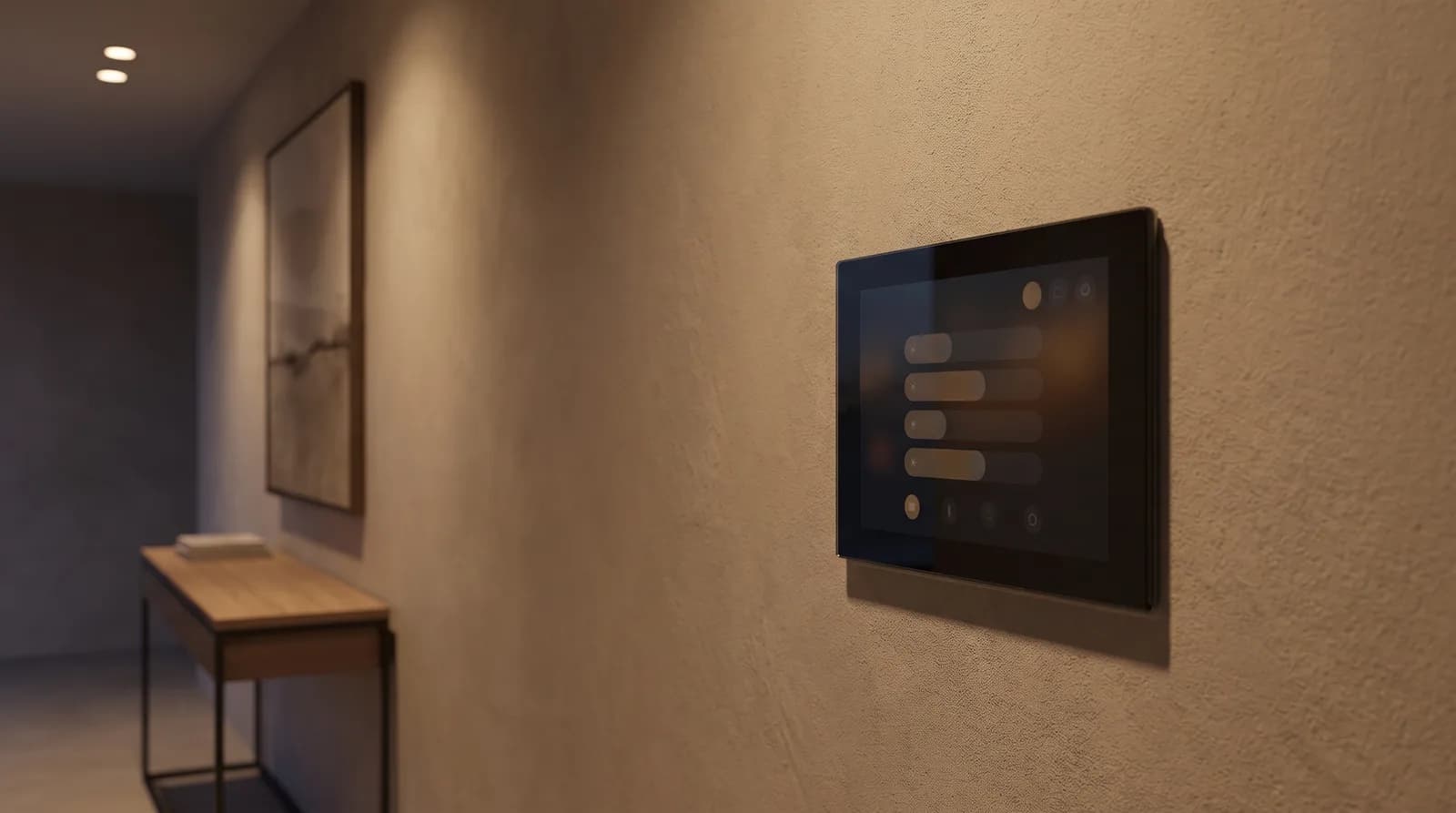 Elegant smart home touch panel glowing on a plaster wall
