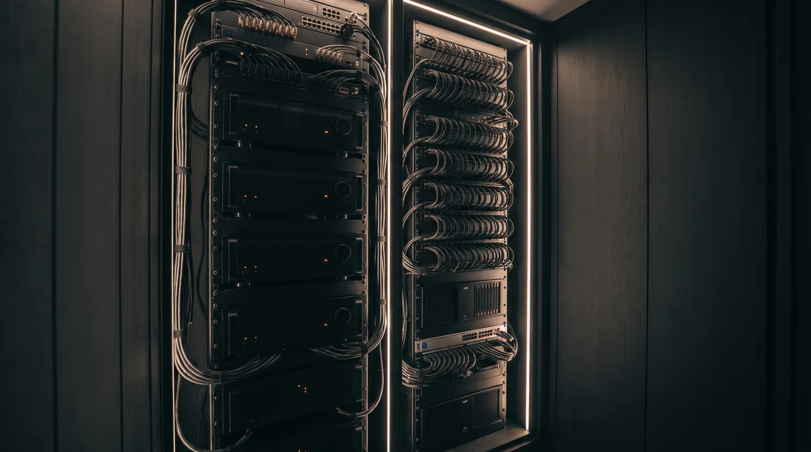 Immaculately organized home technology equipment rack