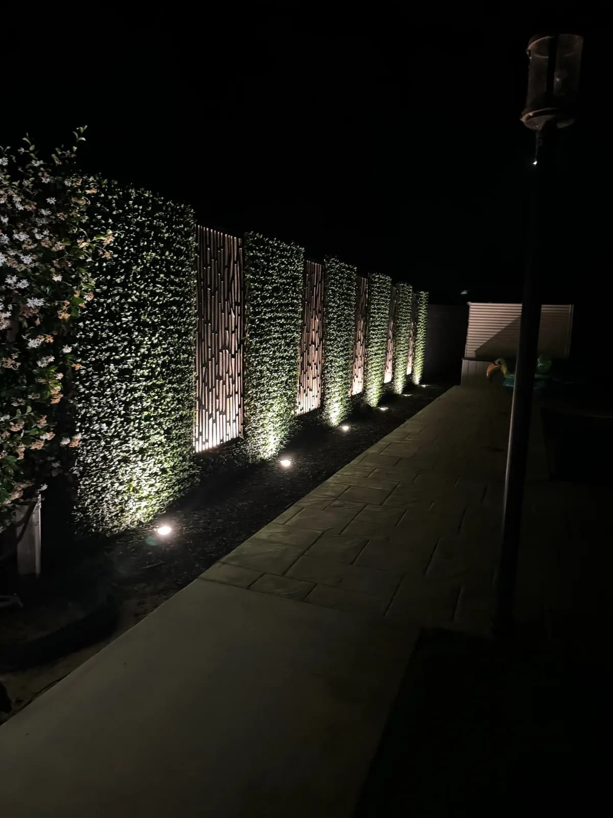 Walkway along uplit hedge panels