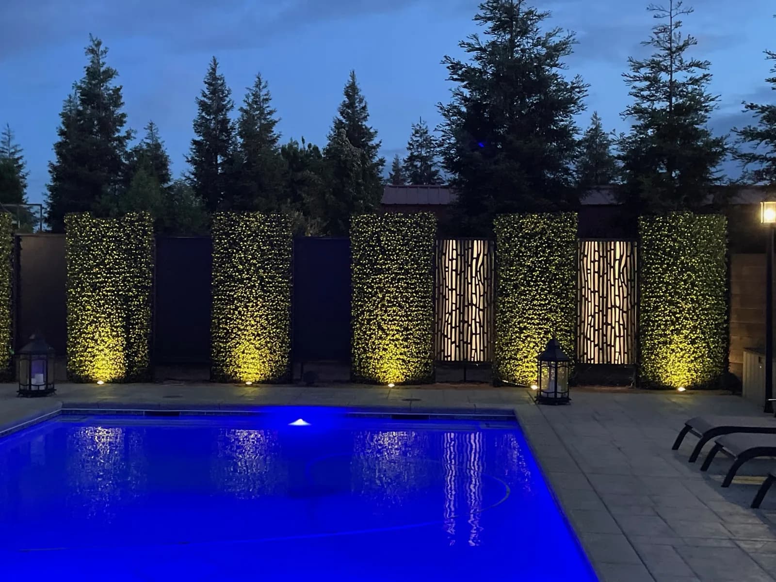 Blue lit pool beside uplit hedge panels