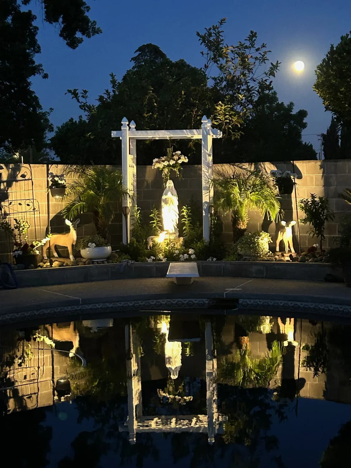 Arbor and statuary reflected in still water